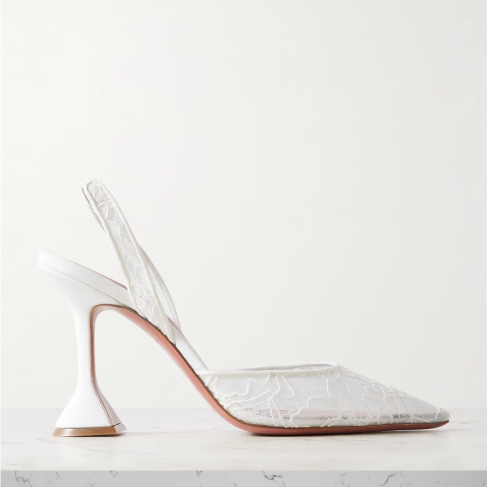 Amina Muaddi Holli White Lace Slingback Heels